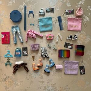 Rainbow High Doll Clothes and Accessories Used Lot with Blue Doll Stand